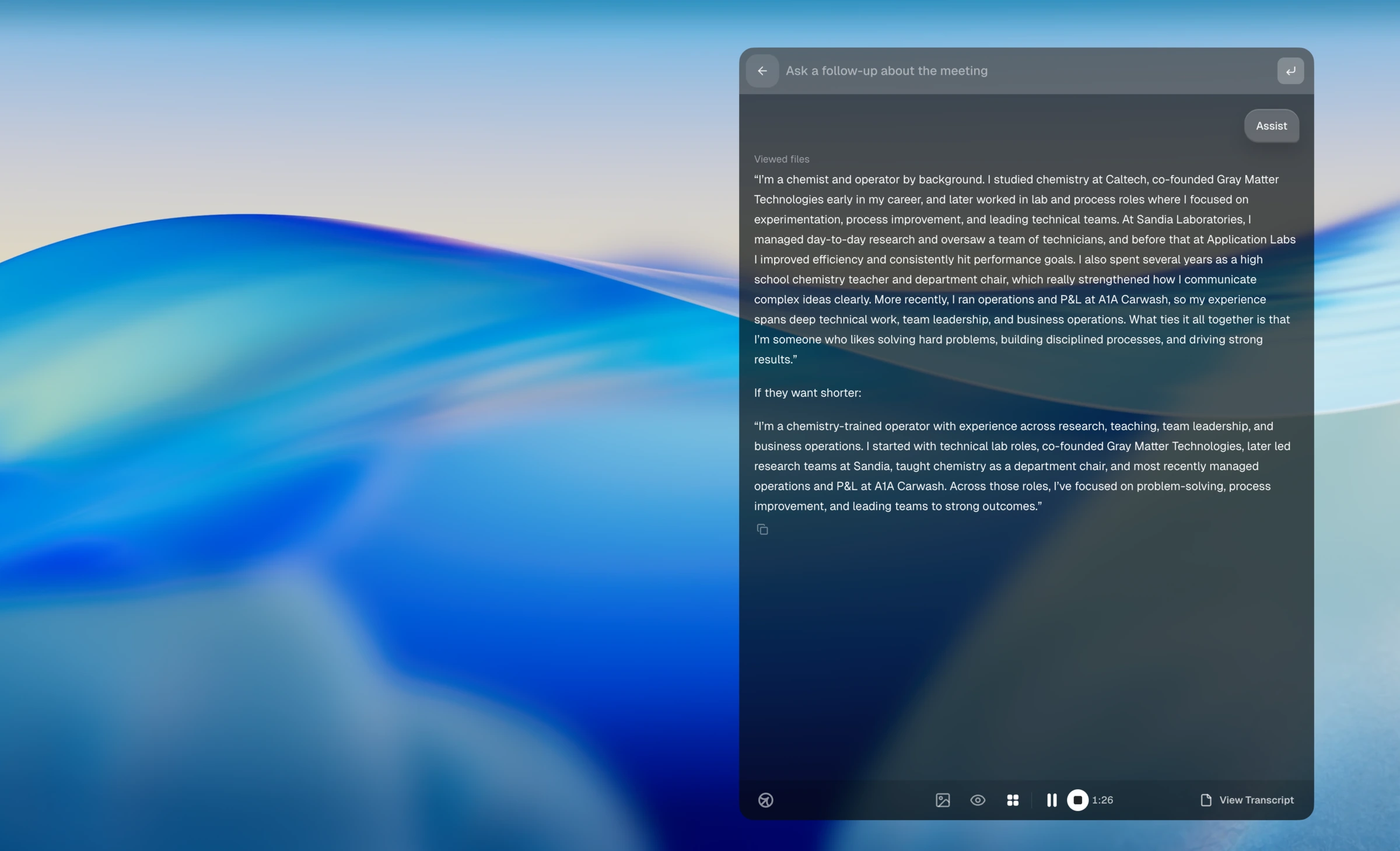 Cluely behavioral answer shown as a long paragraph in the desktop app