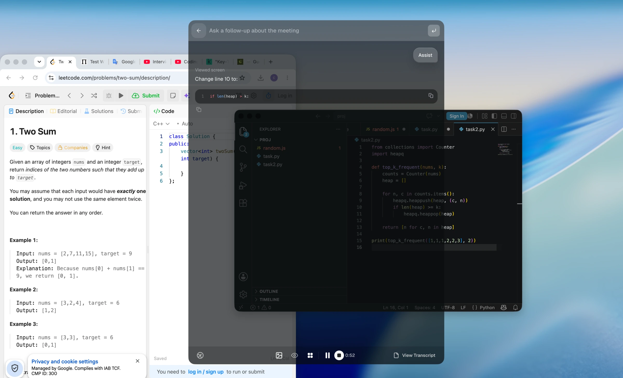Cluely multi-window coding test where the app correctly suggested changing len heap greater than or equal to k