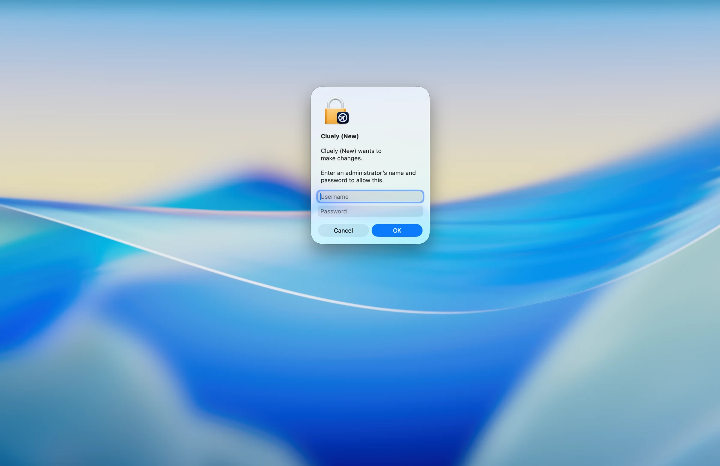Cluely macOS administrator authorization prompt on first launch
