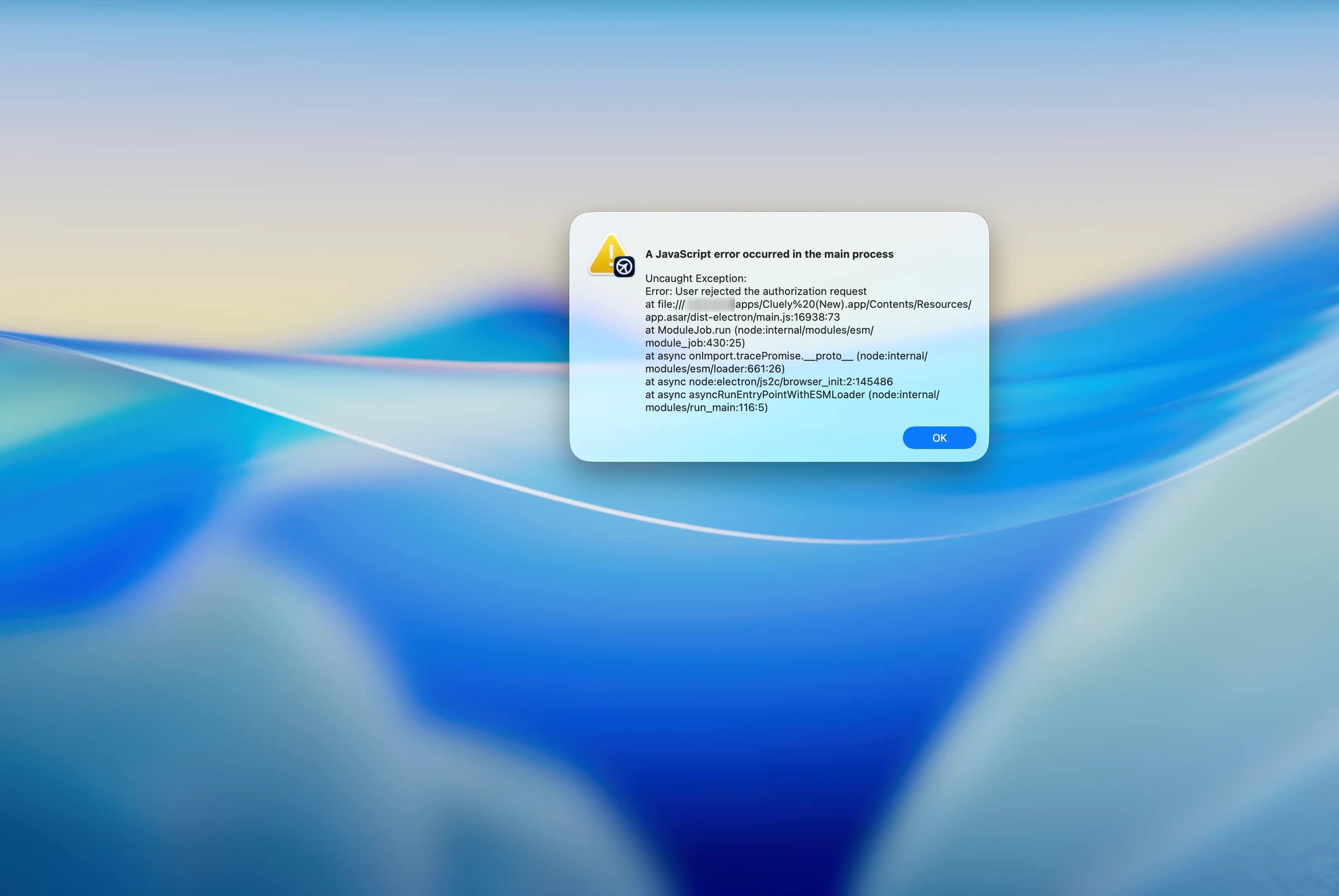 Cluely macOS JavaScript error dialog after administrator authorization was rejected
