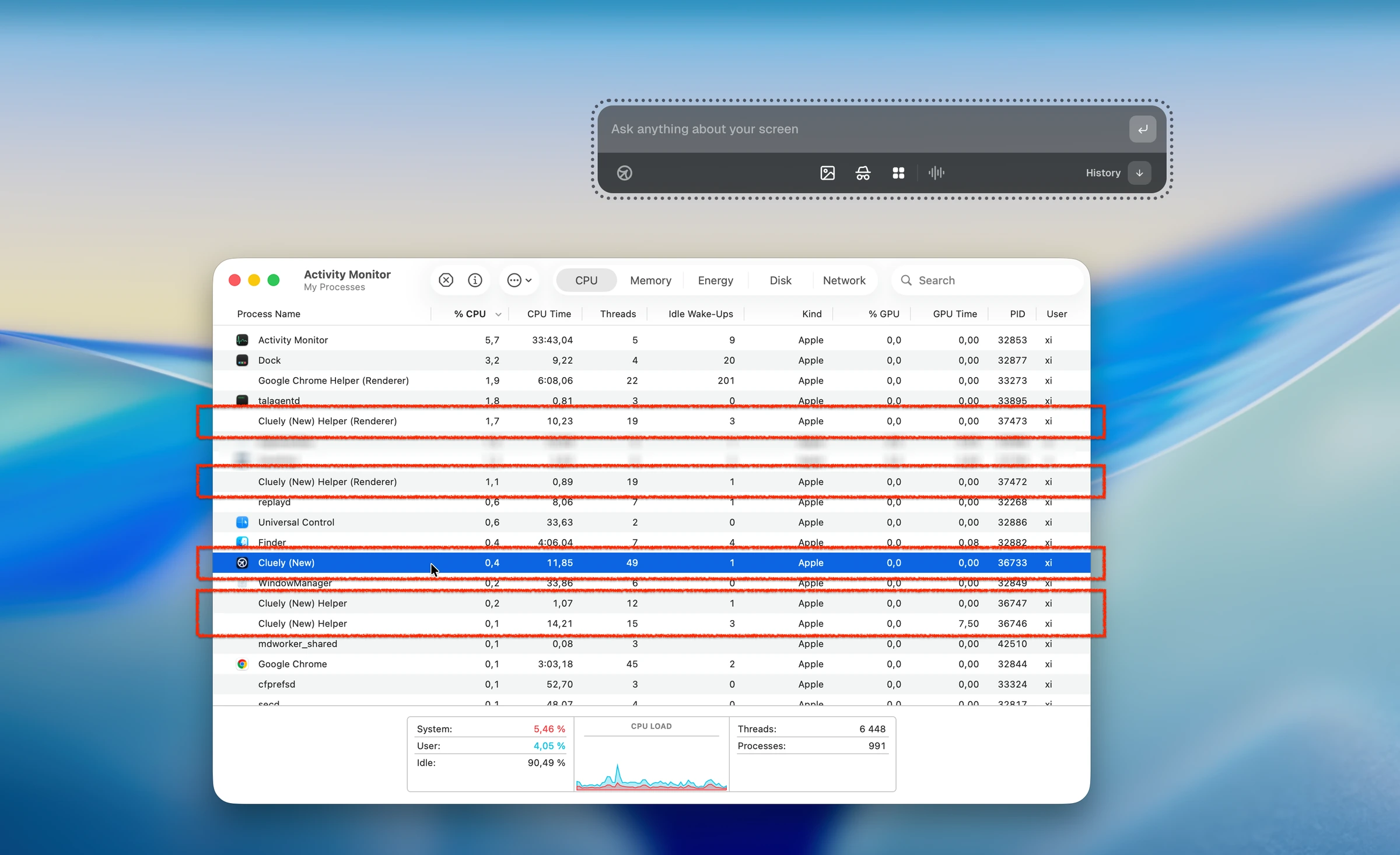 Activity Monitor showing Cluely New and Cluely helper processes while undetectable mode is active