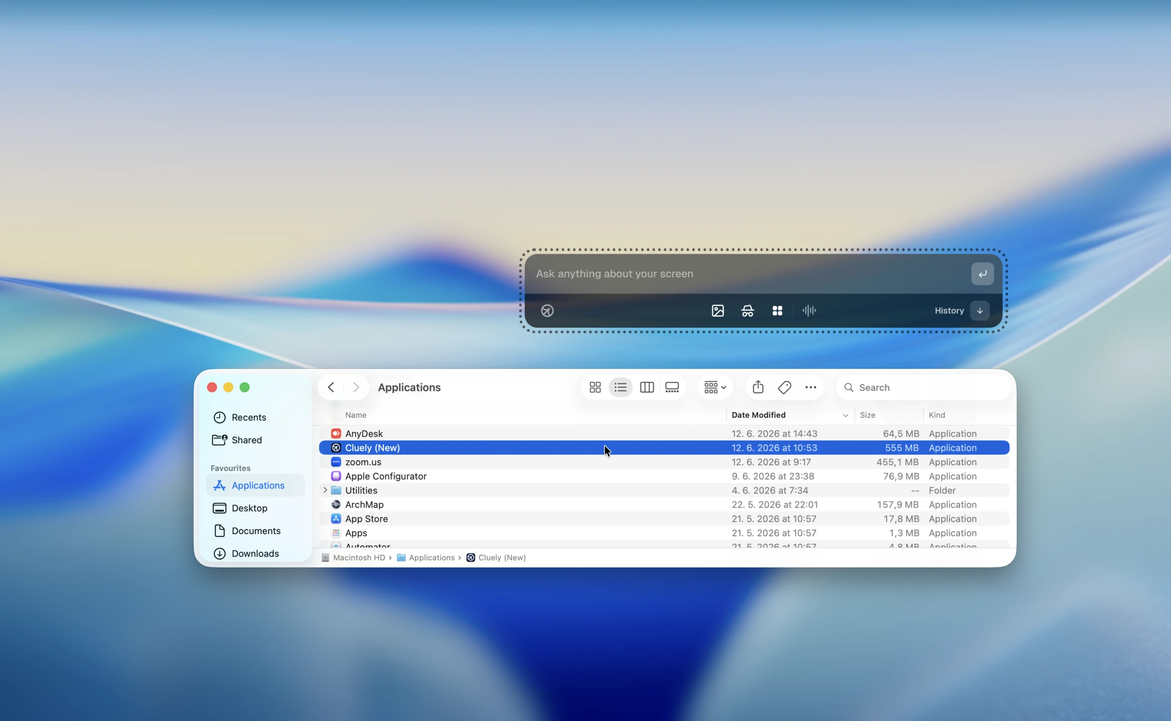 Finder Applications folder showing Cluely New app while undetectable mode is active