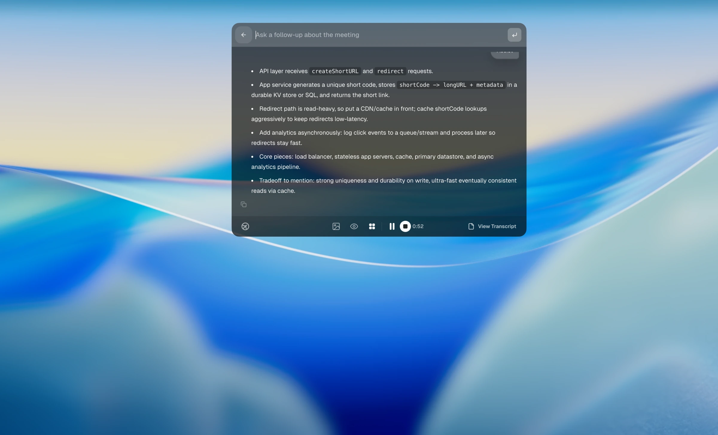 Cluely URL shortener system design answer in the desktop app