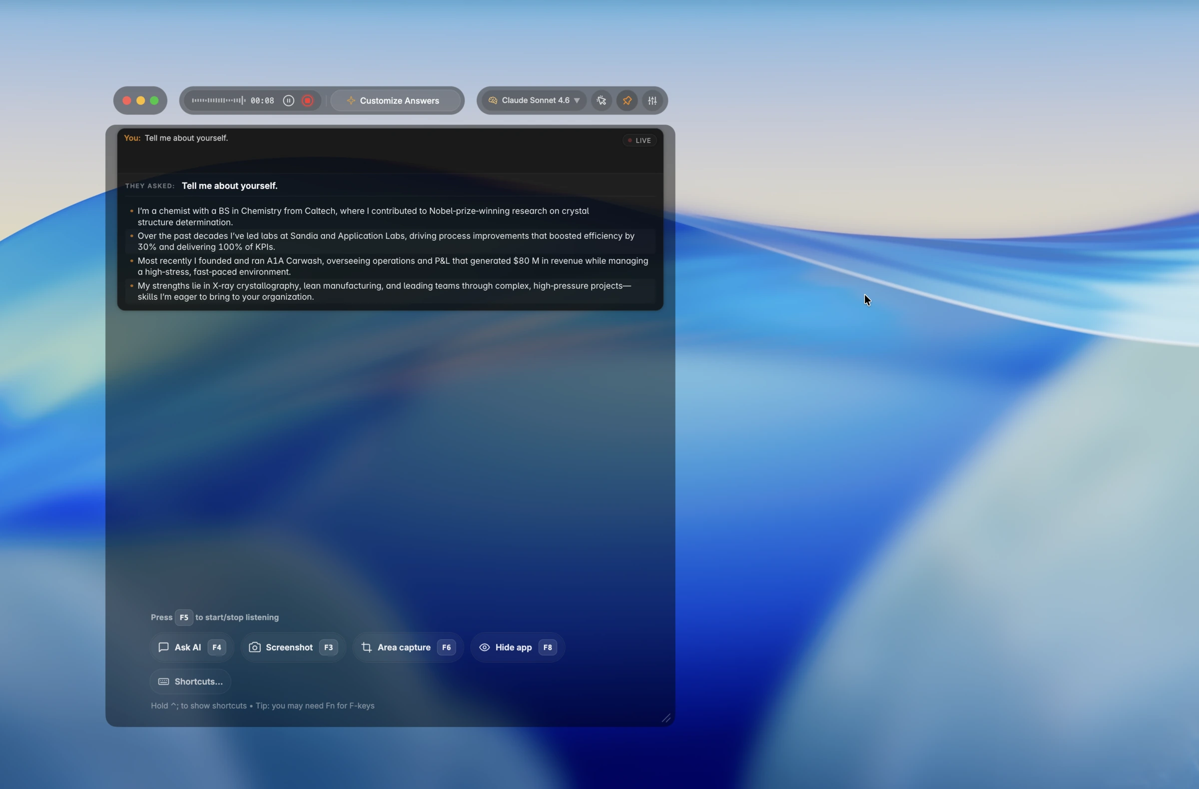 CTRLpotato behavioral interview answer with compact spoken bullets and visible controls