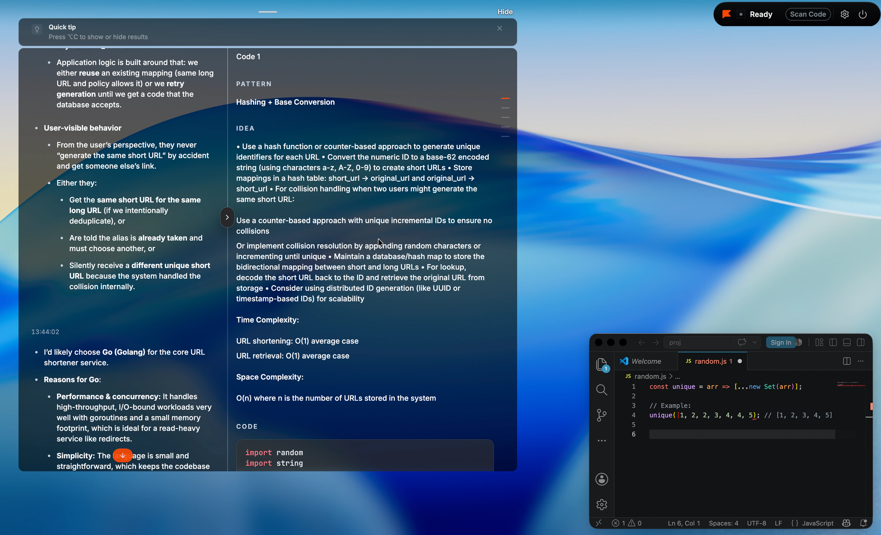 Final Round AI Scan Code continuing a URL shortener answer while unrelated JavaScript code is visible in VS Code