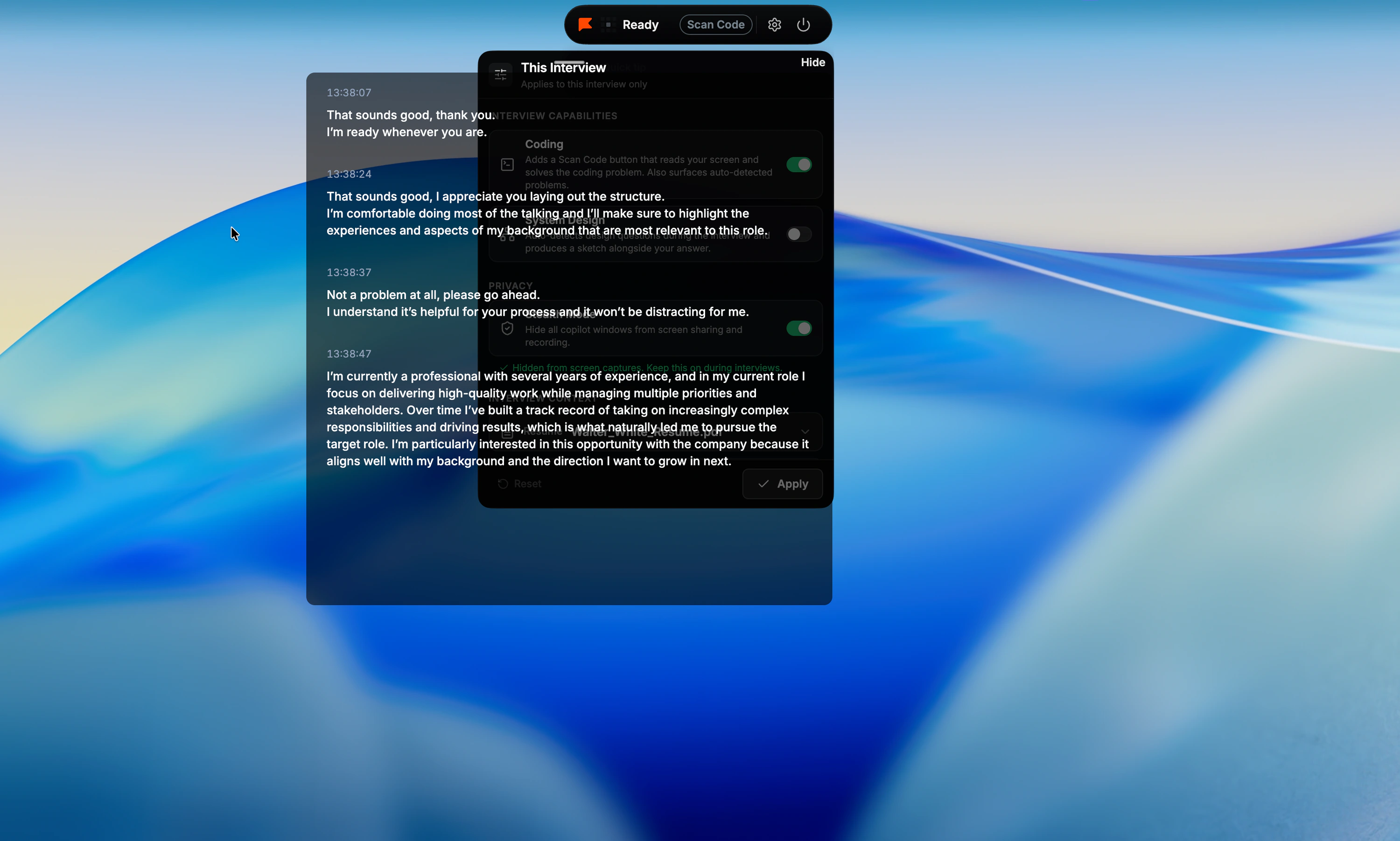 Final Round AI answer stream suggesting replies to ordinary interview setup remarks