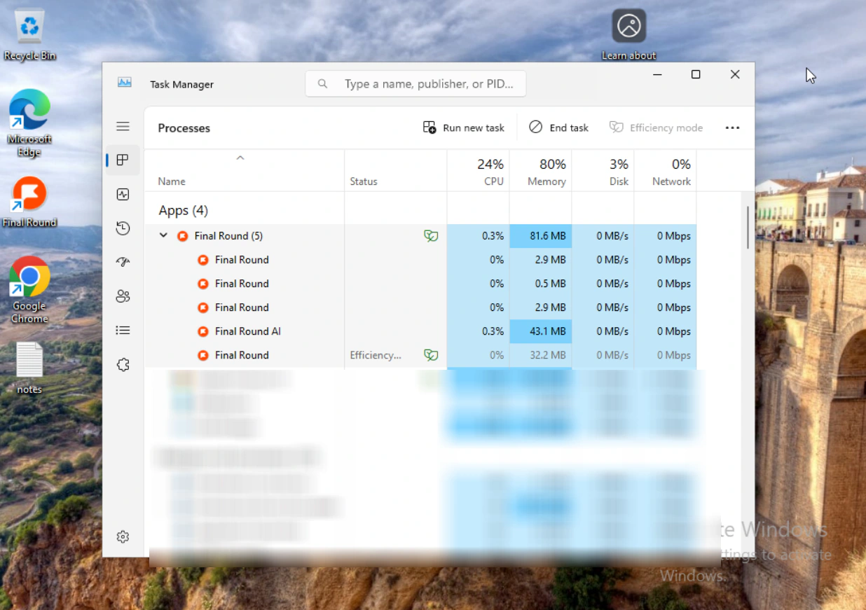 Windows Task Manager listing Final Round and Final Round AI processes with branded icons
