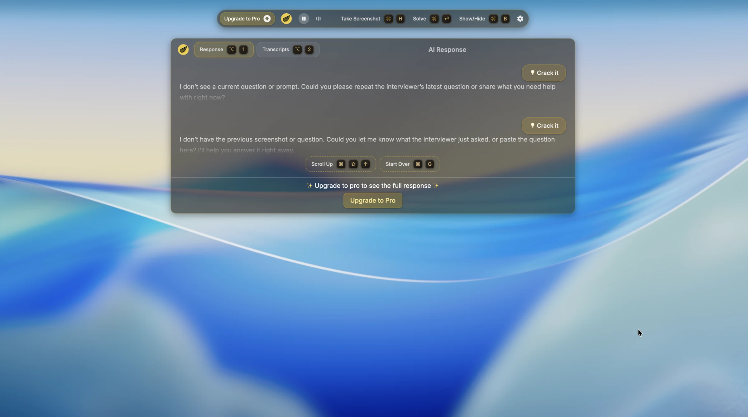Interview Coder answer saying it does not see a current prompt
