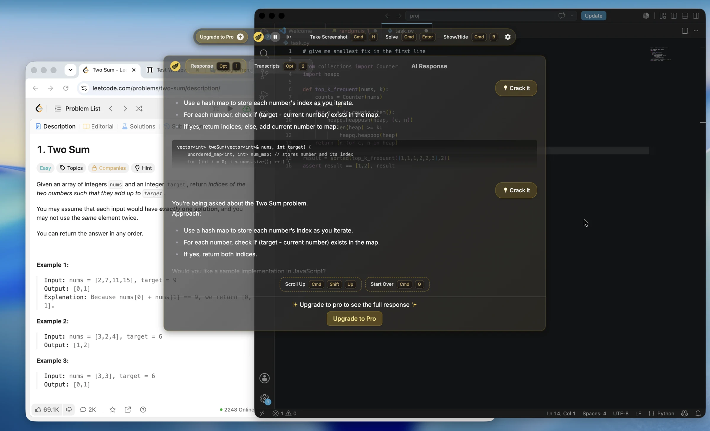 Interview Coder answer focusing on Two Sum while a current top k frequent task is open in VS Code