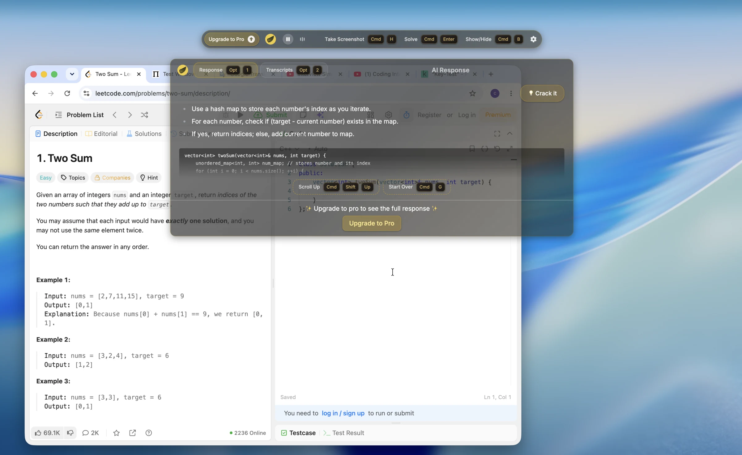 Interview Coder producing a reasonable Two Sum answer on a clean prompt