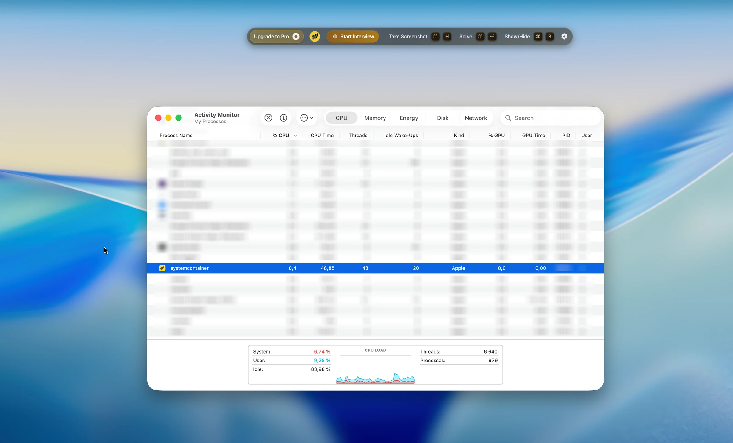 Activity Monitor showing Interview Coder running as systemcontainer with a recognizable icon
