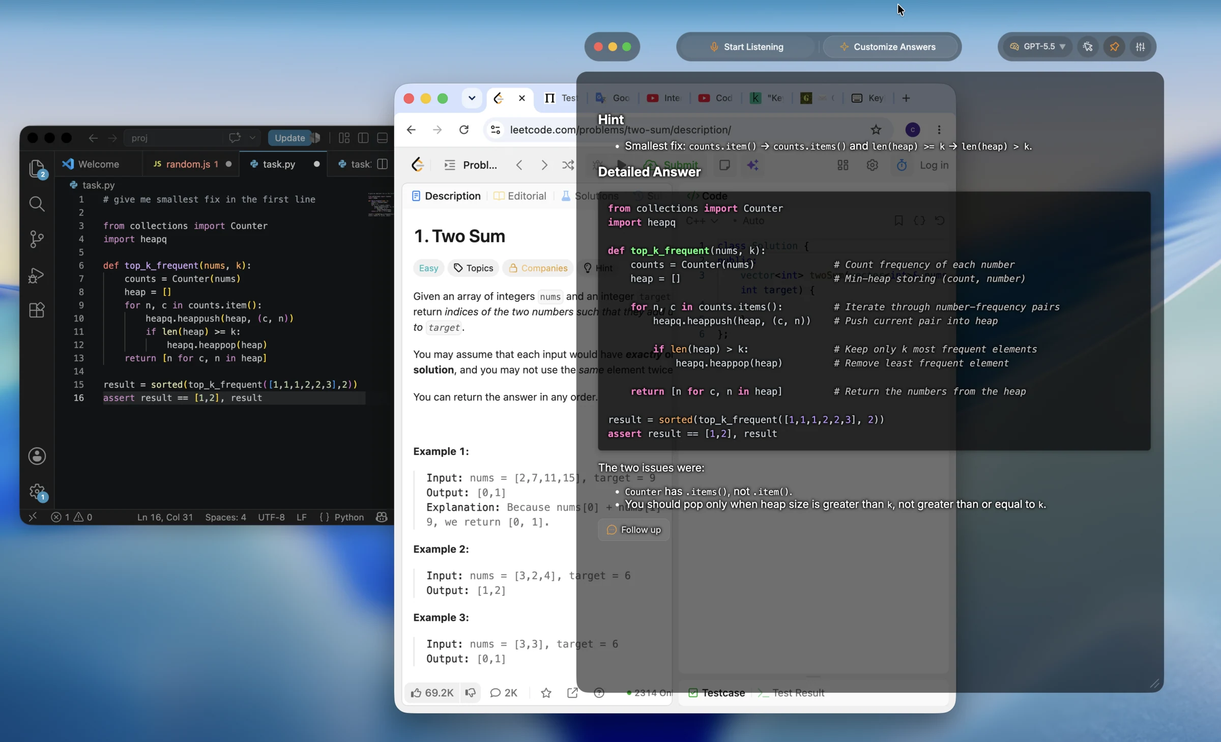 CTRLpotato answering the current top k frequent task on the same cluttered screen