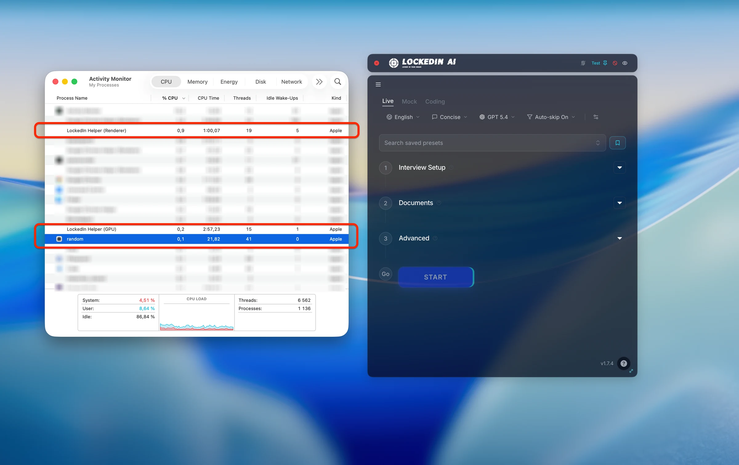 Activity Monitor showing renamed LockedIn process with recognizable app identity and helper processes