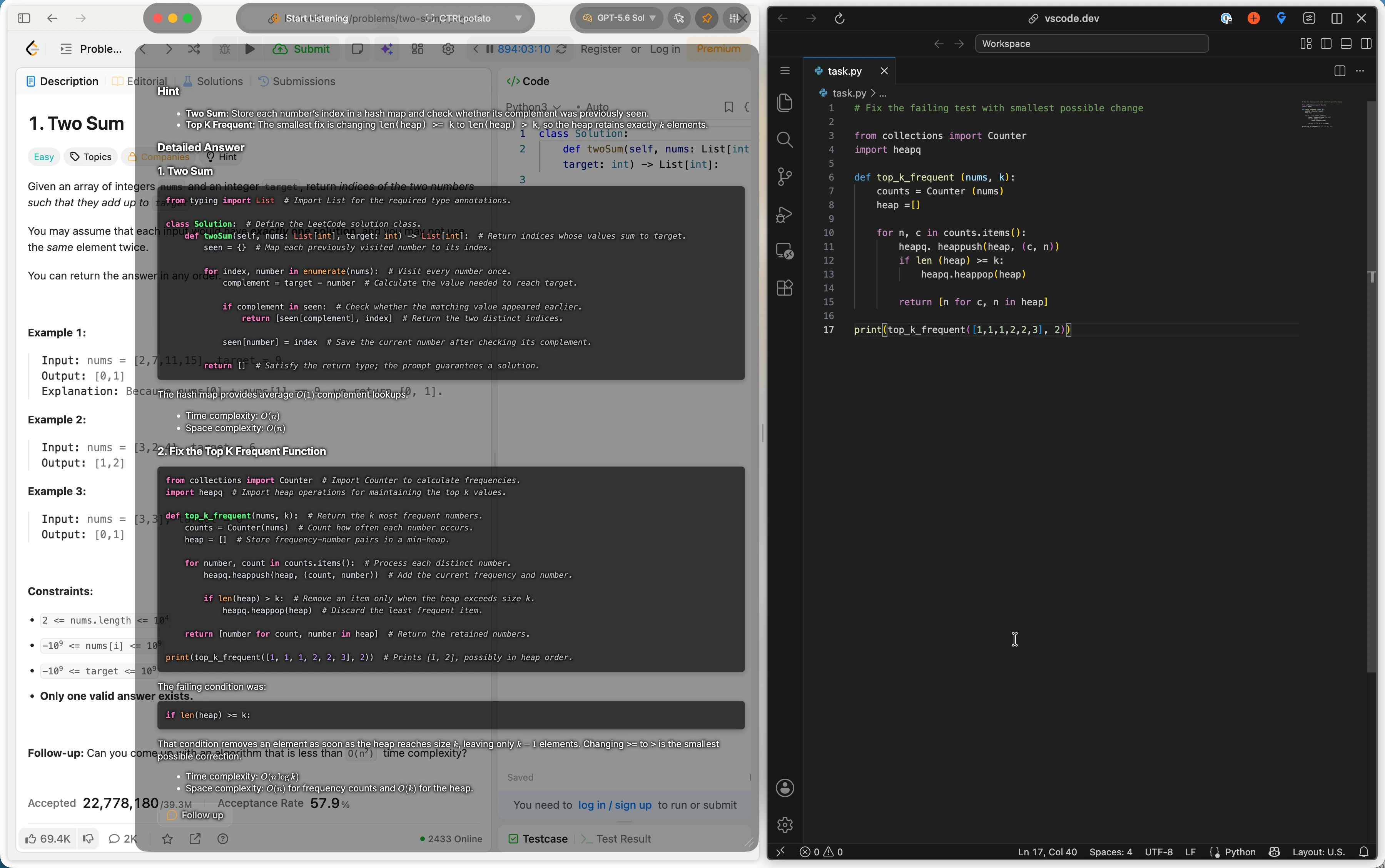 CTRLpotato identifying and answering both coding assignments visible on the same cluttered desktop