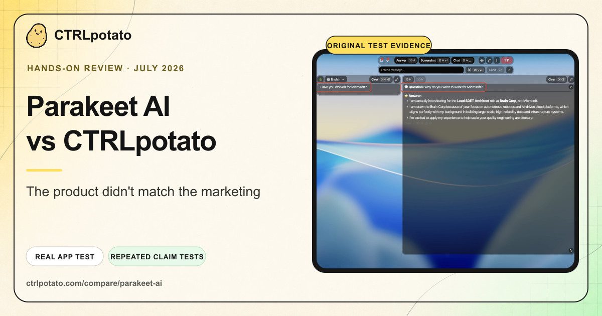 Parakeet AI versus CTRLpotato hands-on review graphic