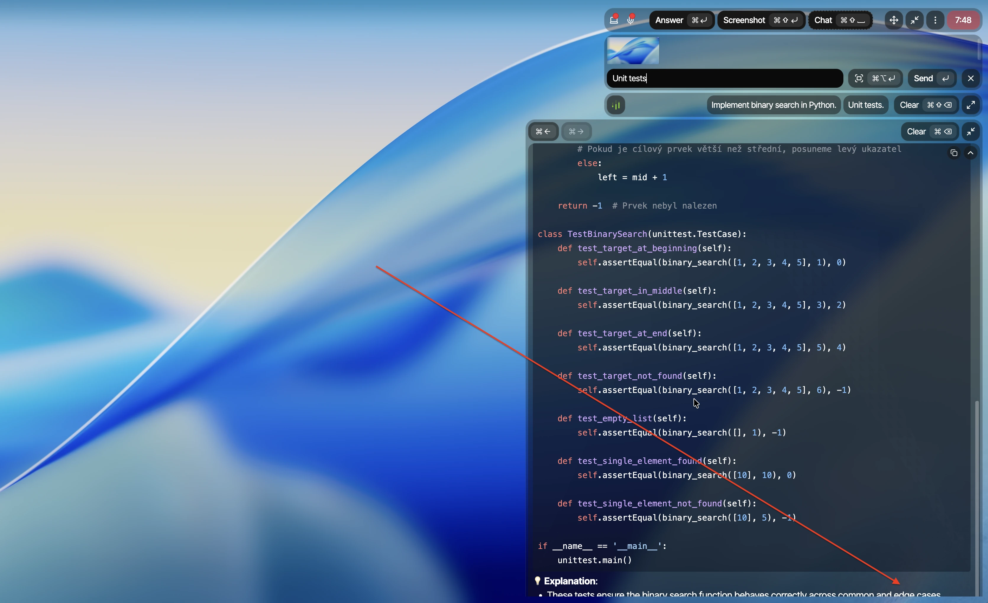 Parakeet AI showing a long coding answer cut off inside a small desktop window