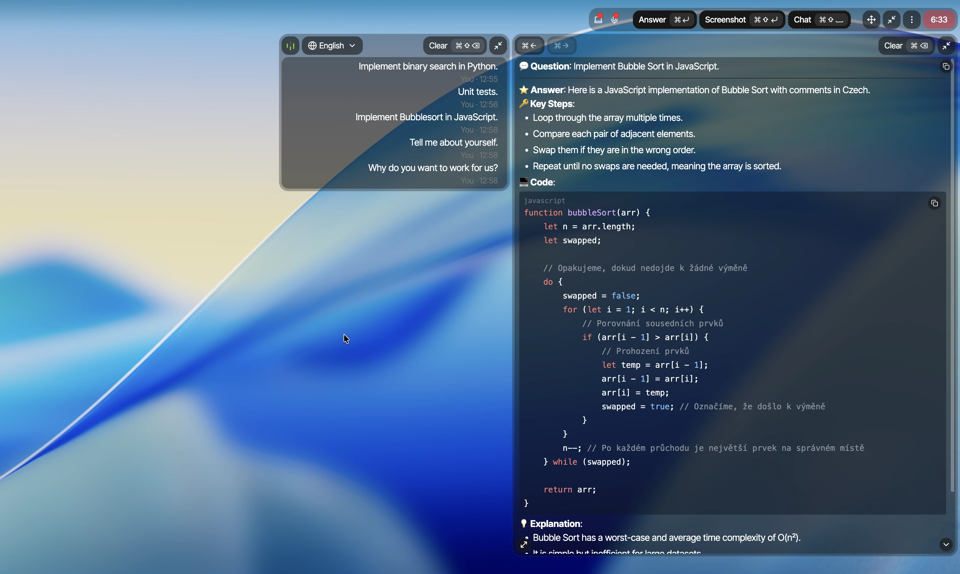 Parakeet AI transcript containing several complete interview questions with only one generated answer