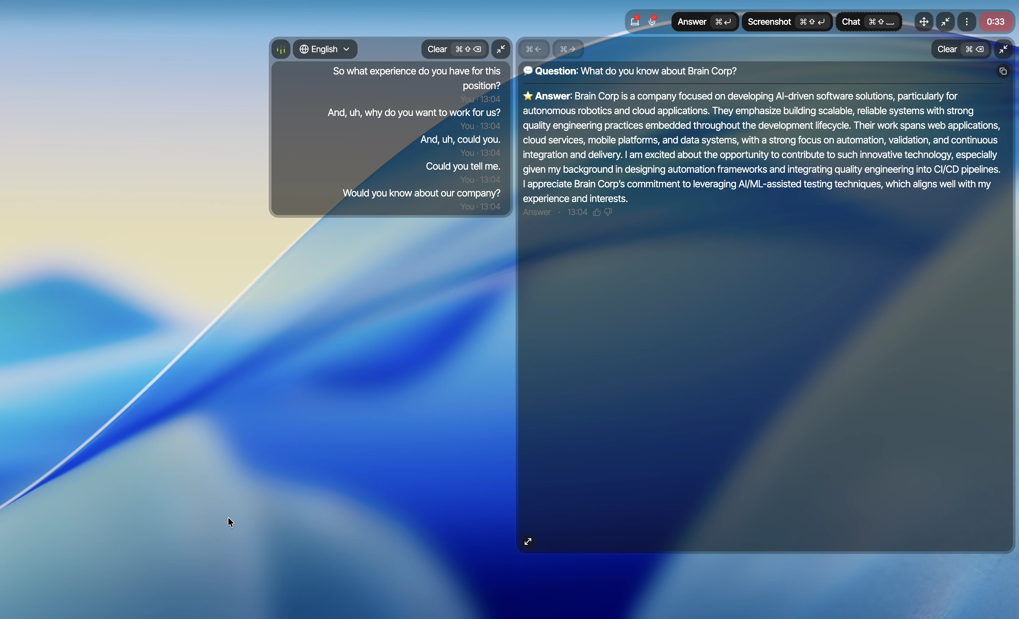 Second Parakeet AI run showing multiple interview questions but only one generated answer