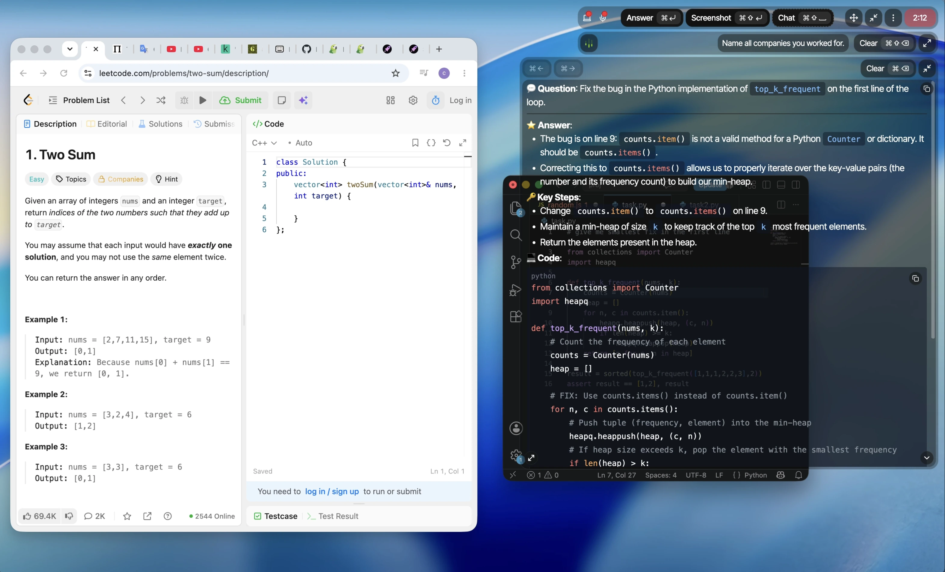 Parakeet AI viewing two coding tasks on a cluttered screen and answering the wrong task