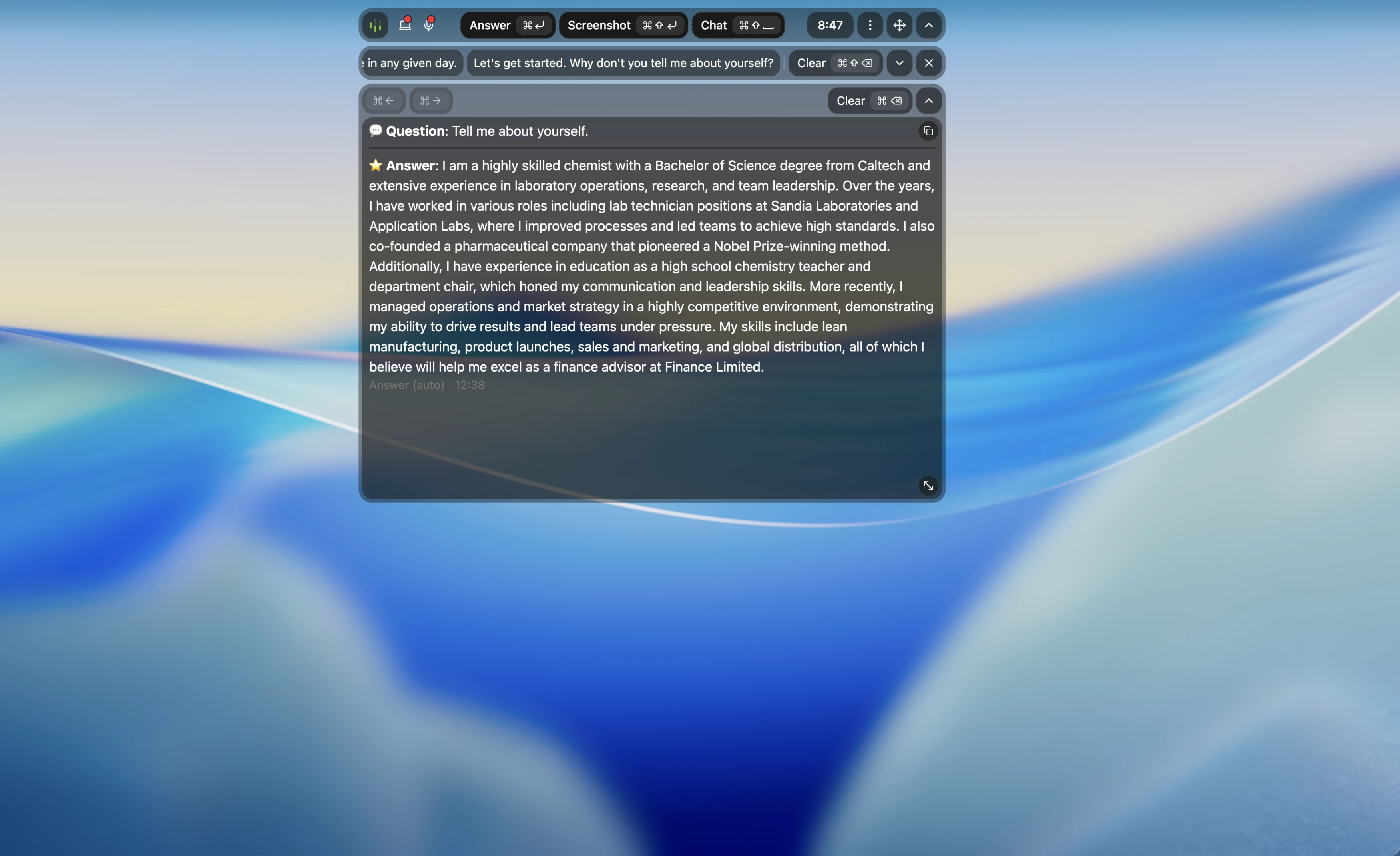 Parakeet AI displaying a long dense behavioral interview answer in a small overlay