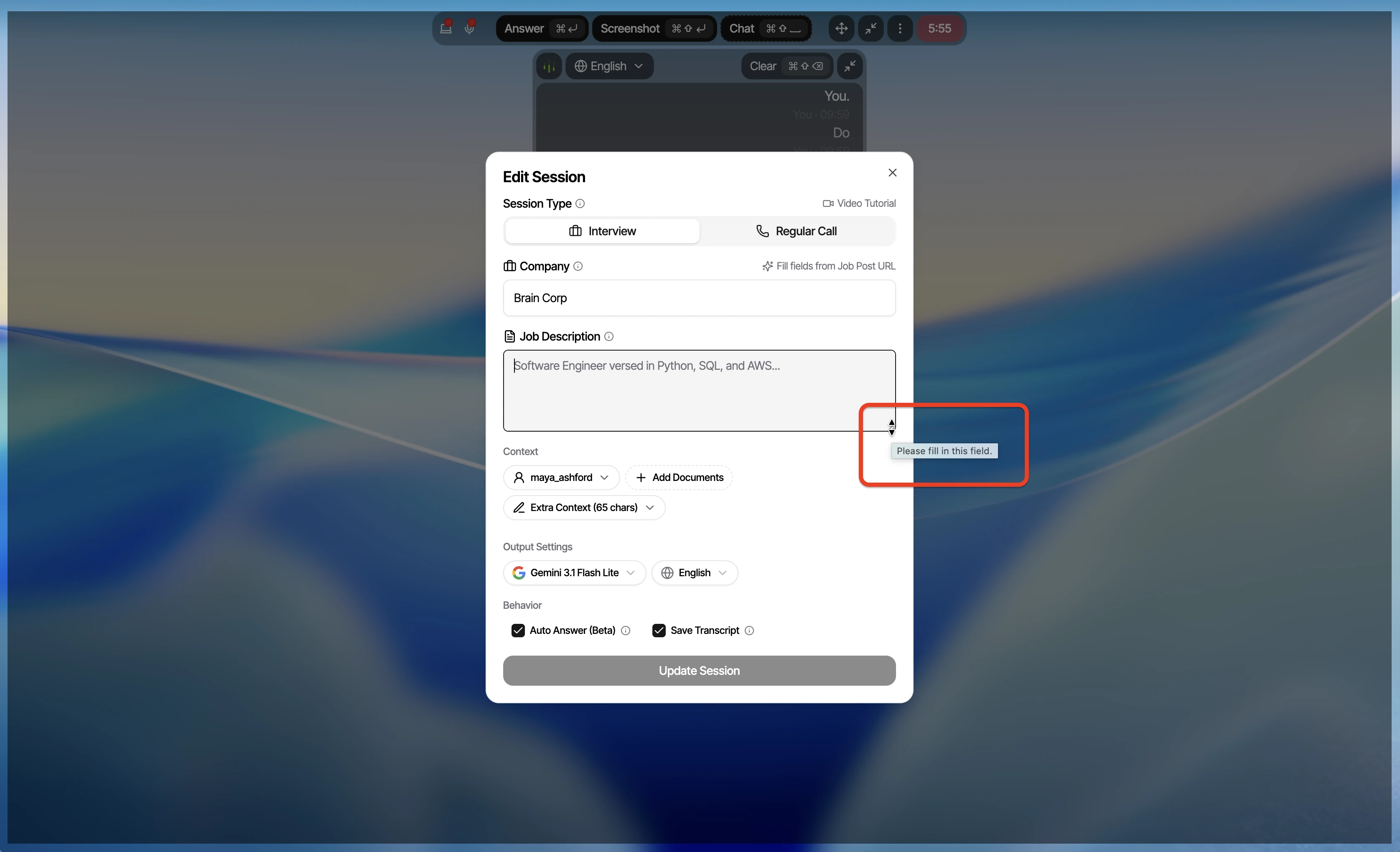 User-side Parakeet AI session showing a native validation tooltip and cursor interaction over the hidden assistant surface