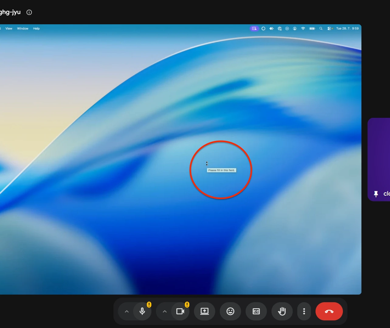 Google Meet receiver view showing a native Parakeet AI validation tooltip visible during screen sharing