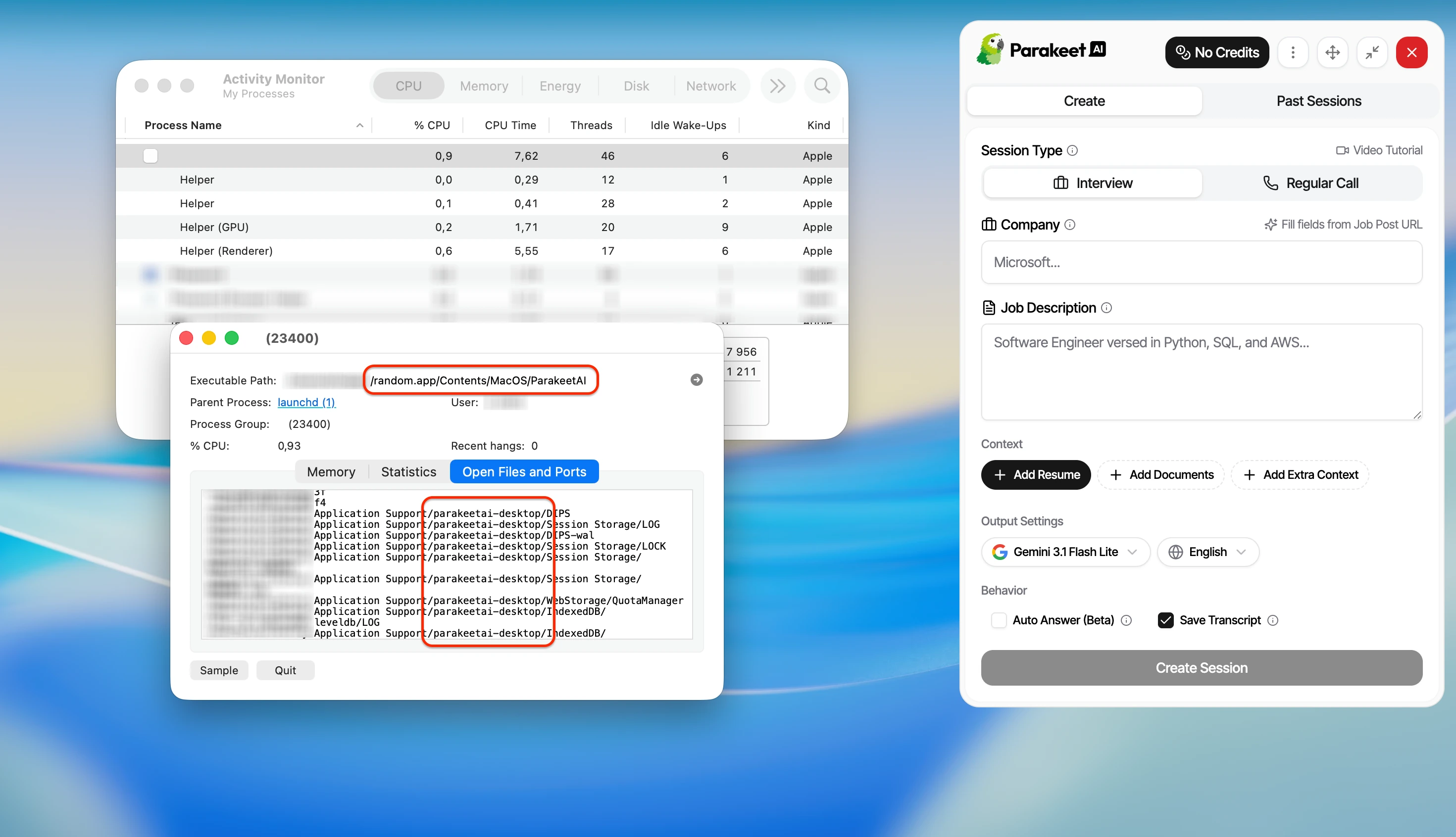 Activity Monitor open files view showing parakeetai-desktop support paths after the app bundle was renamed
