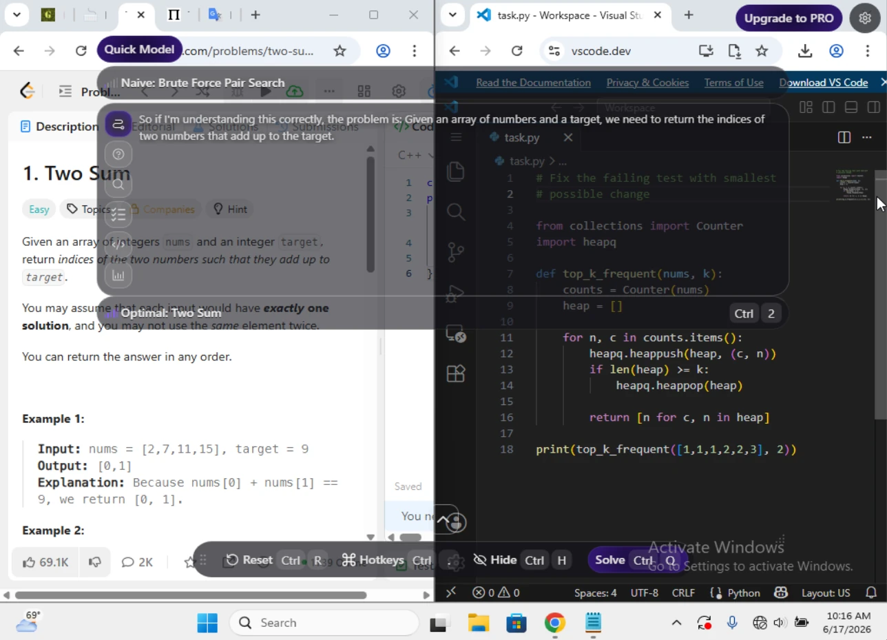 ULTRACODE answering the old Two Sum page while a current top k frequent debugging task is also visible