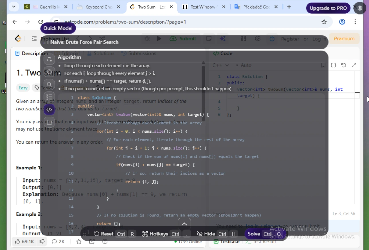 ULTRACODE returning a valid brute-force Two Sum solution on a clean LeetCode screen