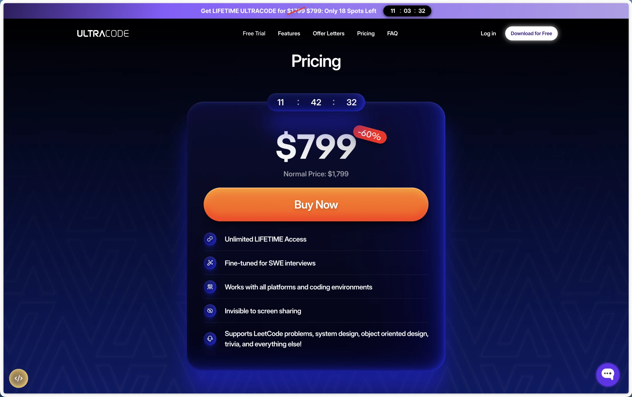 ULTRACODE pricing page advertising Unlimited LIFETIME Access for 799 dollars