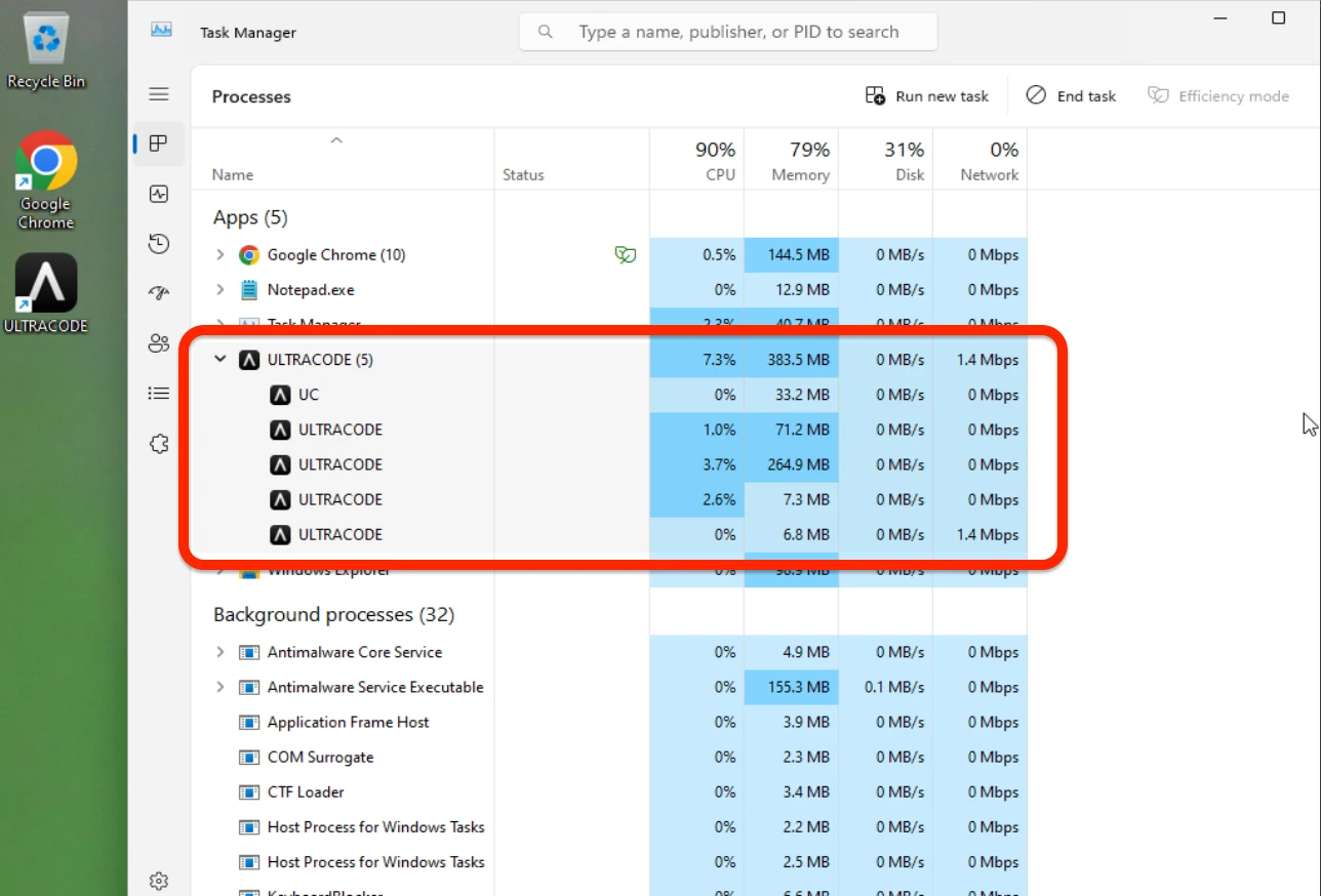 Windows Task Manager showing an ULTRACODE process group and branded icon