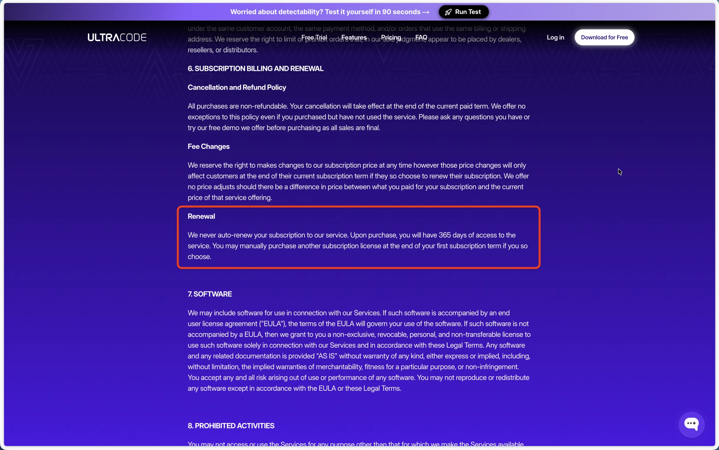 ULTRACODE terms describing 365 days of access and a non-refundable purchase policy